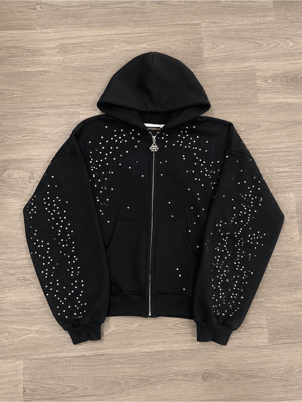 Black Embellished Zip-Up Hoodie Jacket - Men's